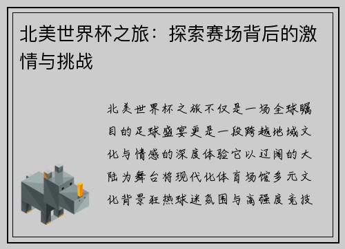 北美世界杯之旅：探索赛场背后的激情与挑战