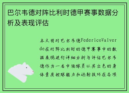 巴尔韦德对阵比利时德甲赛事数据分析及表现评估